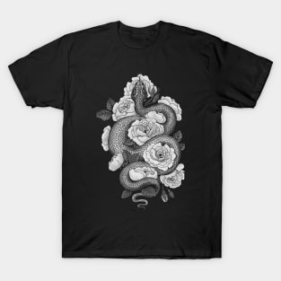 Snake and roses, monochrome T-Shirt